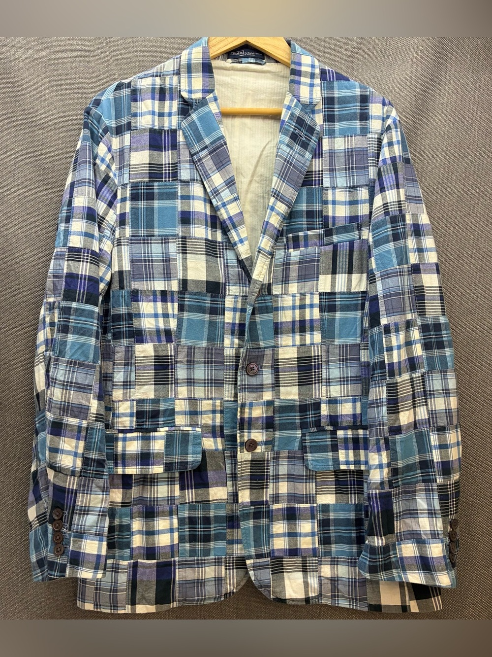 Rare Vintage Polo Ralph Lauren Blazer Mens L Blue Madras Patchwork Sport Coat